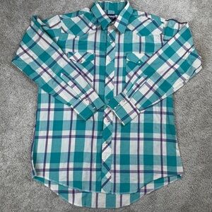 Vintage Wrangler Teal Plaid Shirt Pearl Snap Cowboy Cut Regular Fit USA 17-35